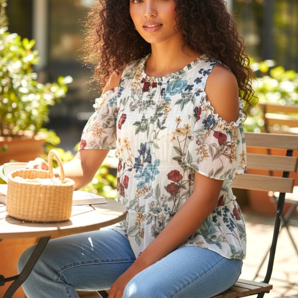 (G-209)Willow & Clay Women’s Floral Cold Shoulder Blouse Size S Boho Sheer Peplu - Picture 1 of 9